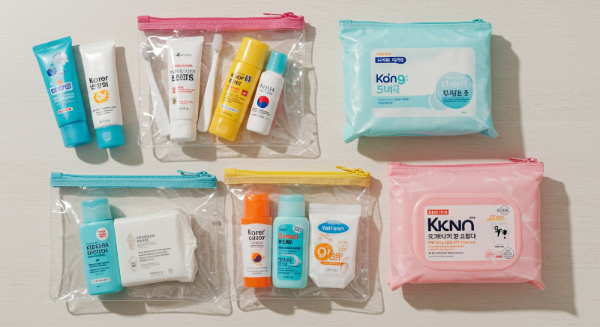 칫솔, 치약, 손 세정제, 선크림 등 필수 위생용품 모음