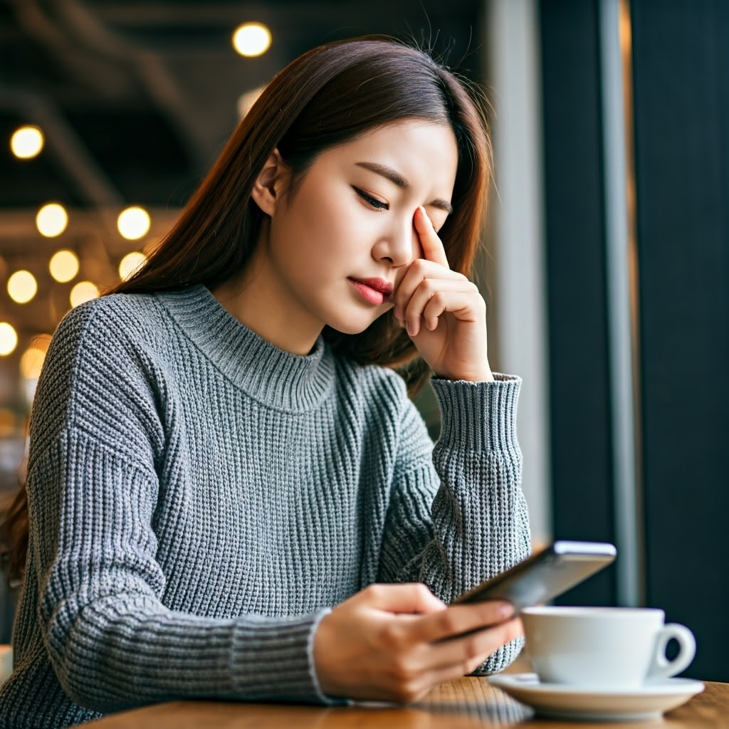 침침해진 눈으로 흐릿하게 보이는 휴대폰을 보고 있는 여성 사진