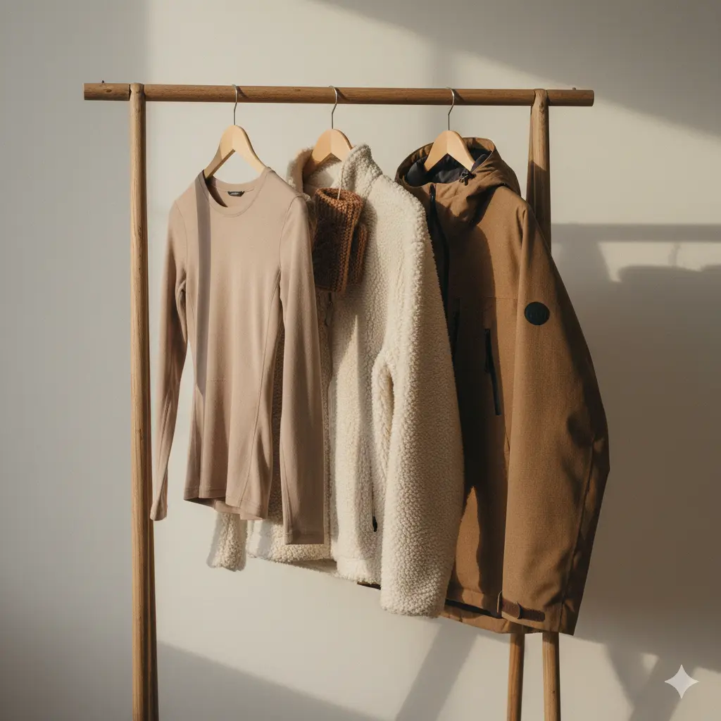 옷걸이에 기본 3겹 겨울 레이어링 순서대로 걸려 있는 속옷&amp;#44; 중간 레이어&amp;#44; 바람막이 겉옷의 구성 비교 이미지