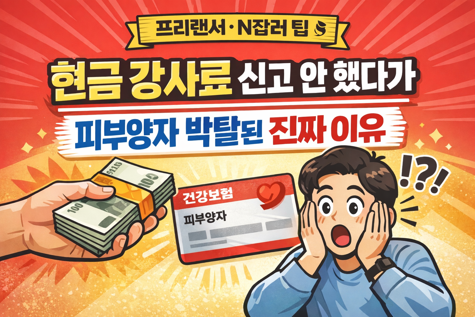 현금 강사료와 건강보험 피부양자 카드, 놀란 표정의 인물을 통해 현금 수입 신고 누락으로 인한 피부양자 박탈 리스크를 설명하는 이미지