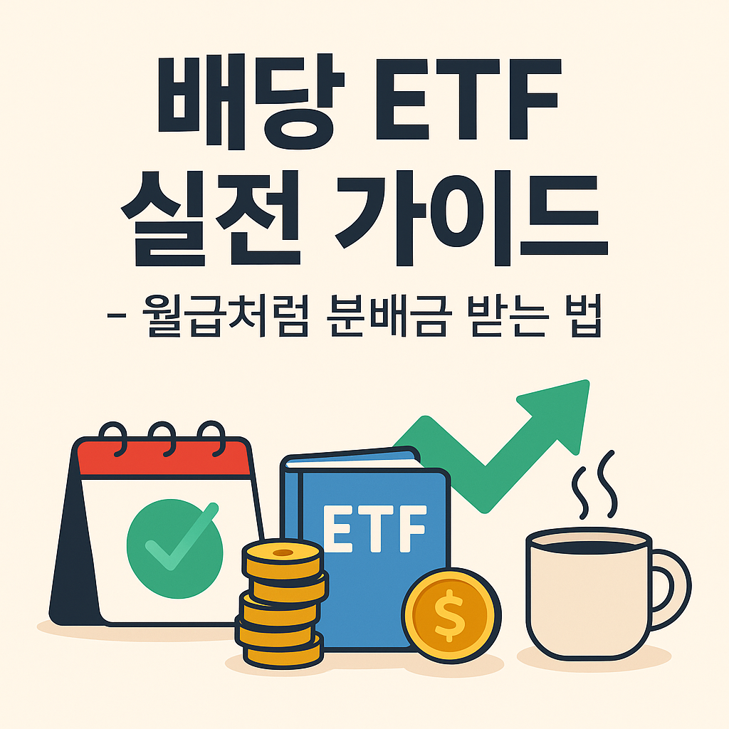 배당 ETF로 월급처럼 분배금을 받는 전략을 표현한 썸네일 – ETF 차트, 달러 아이콘, 배당금 증서, 커피잔이 포함된 플랫 스타일 일러스트