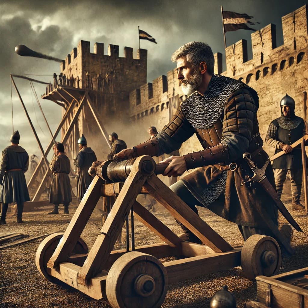 중세 유럽 전투중 투석기를 조작하고 있는 투석기 조작자(Catapult Operator) 모습