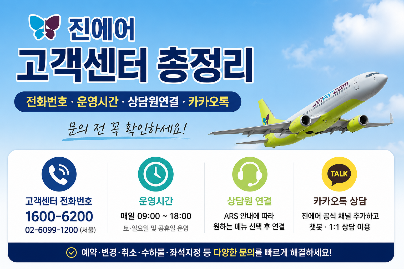 진에어 고객센터 전화번호 운영시간 상담원 연결 카카오톡 이용방법 총정리
