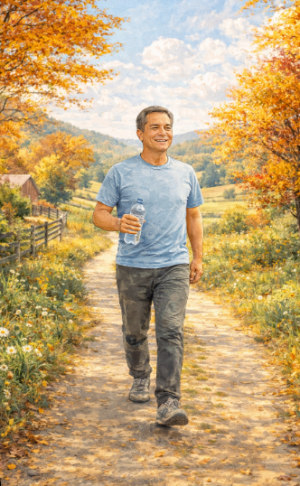 화창한 가을날 시골길을 걷고 있는 중년 남자