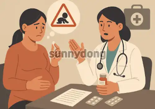 약 복용 전 상담하는 임신부와 의사