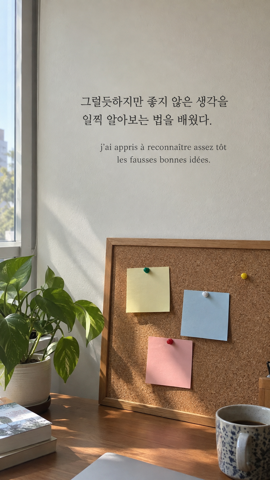 색종이 메모가 붙은 게시판 배경에 담은 기욤 뮈소의 말: 그럴듯하지만 좋지 않은 생각을 일찍 알아보는 법을 배웠다.