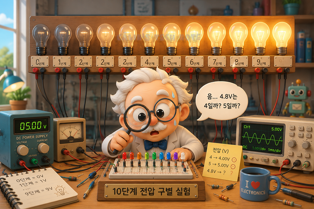 전압 단계 실험실에서 돋보기를 든 과학자가 4.8V 전압 값을 보고 고민하는 모습. 여러 단계의 전압을 구분하는 어려움과 2진수의 안정성을 설명하는 3D 렌더링 이미지.
