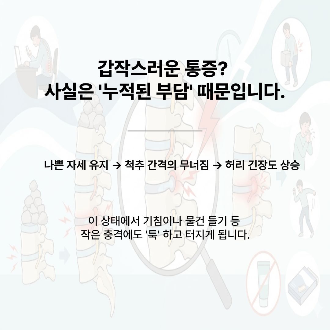 요통의 발생 원리. 나쁜 자세 유지에서 척추 간격 무너짐, 허리 긴장도 상승으로 이어져 작은 충격에도 통증이 터지는 과정 도표.