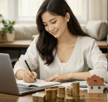 자산관리하며 공부하는 여성 이미지