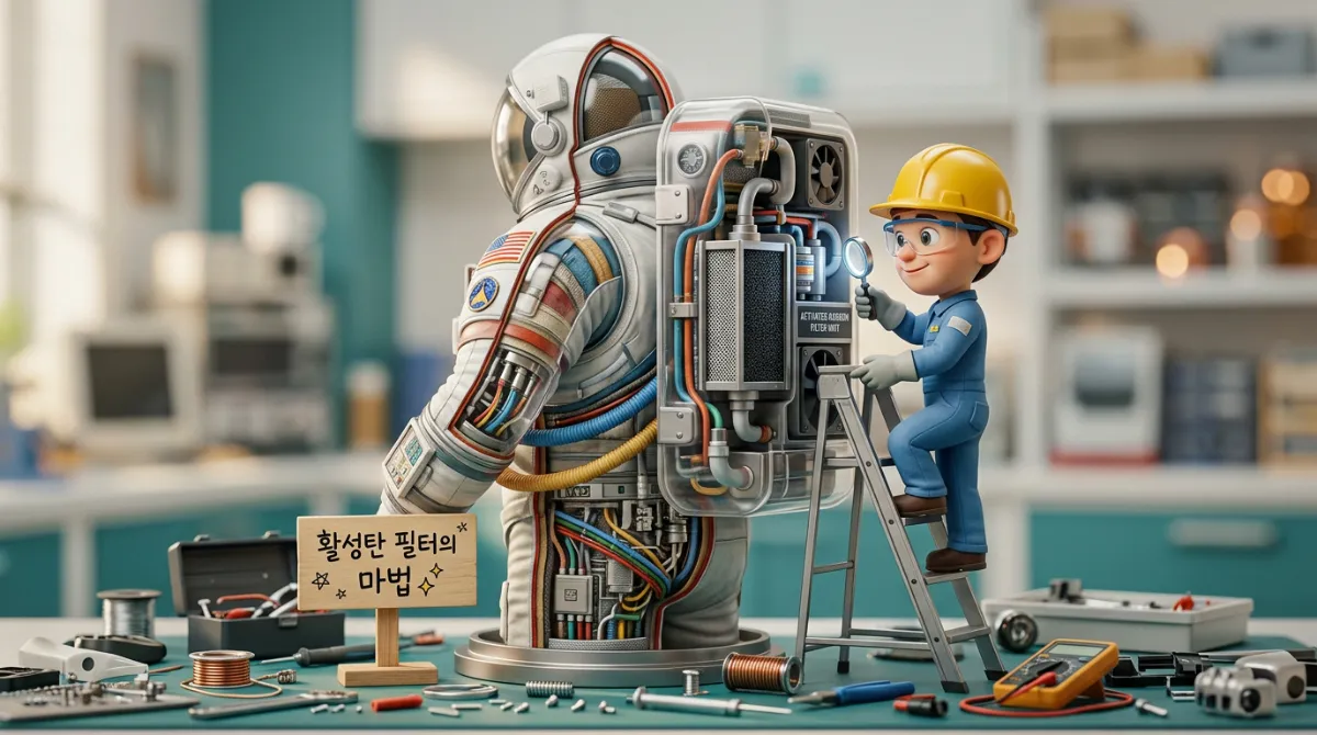냄새와 유해 가스를 정화하기 위한 활성탄 필터가 장착된 우주복 내부 단면 미니어처 디오라마 설계도