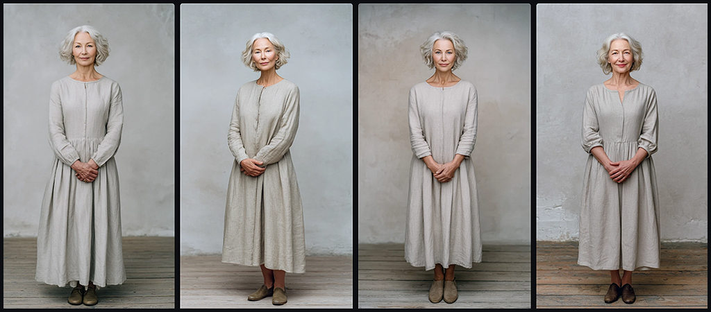 인물 모델, 나이의 우아함이 느껴지는 50대 백인 노년 여성의 연약하고 슬림한 체형을 강조한 전신 인물 사진_Midjourney