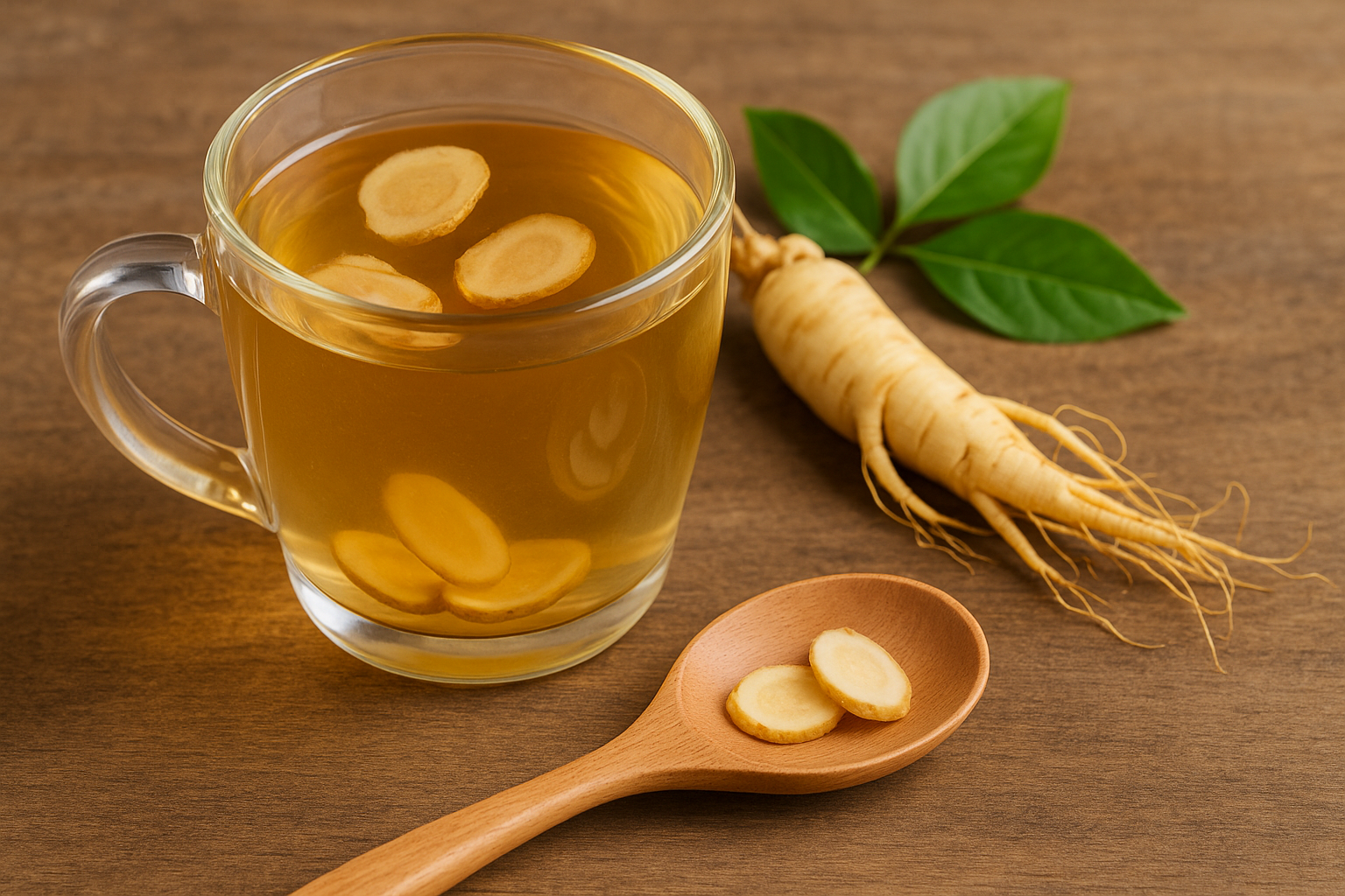 수삼차가 담긴 투명 유리잔, 생수삼, 나무숟가락, 녹색 잎이 어우러진 암 환자 회복용 건강 이미지