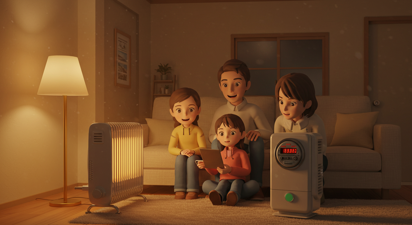 전기요금과 난방의 관계를 실내에서 설명하는 감성 장면