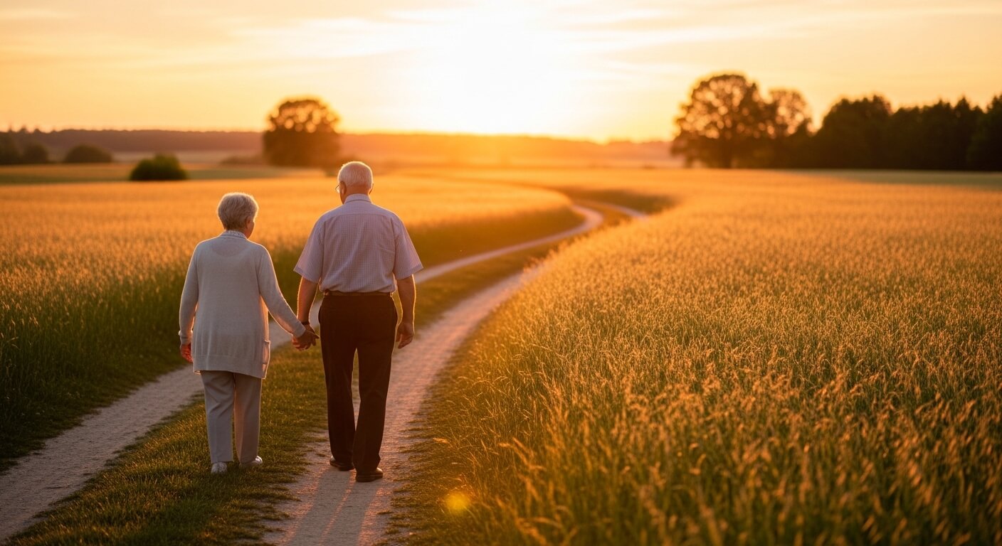 황혼이 지는 들판을 걷고있는 노부부