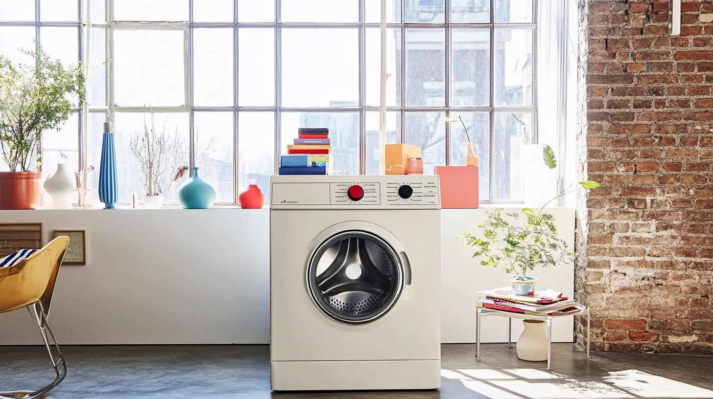 넓은 로프트 아파트에 자리 잡은 통돌이 세탁기. 스칸디나비아 스타일의 인테리어와 산업적인 요소가 어우러져 있으며, 노출된 벽돌 벽과 햇빛이 들어오는 창문이 매력적인 공간을 만들어냅니다.