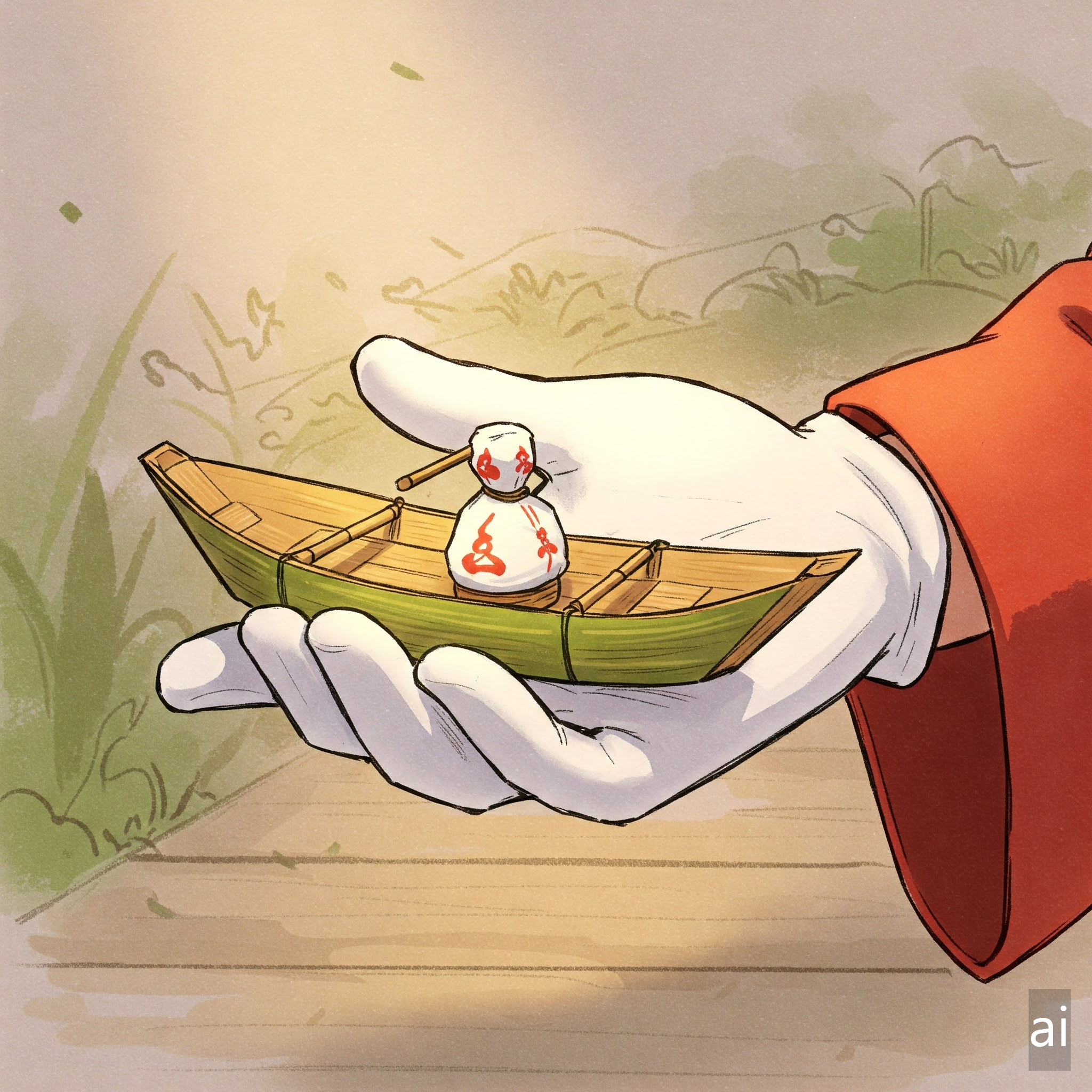 하얀 장갑 손과 조릿대 배 모형