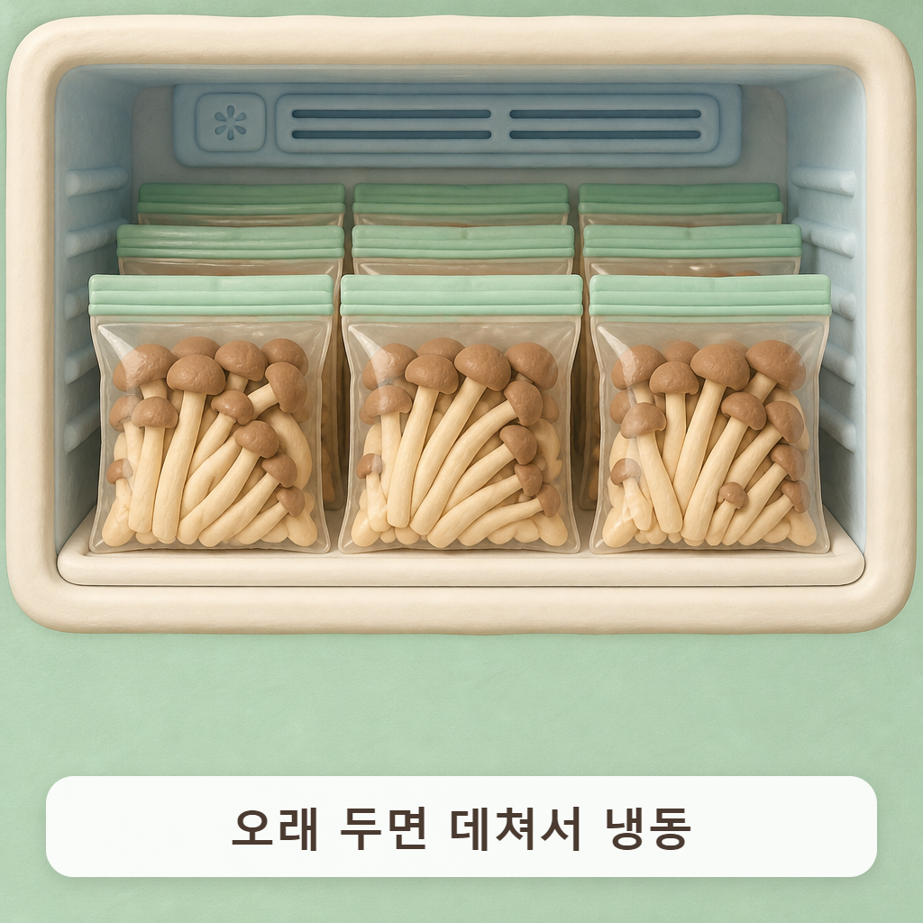 지퍼백에 나눠 담겨 냉동실 칸에 세워진 데친 능이 봉지들