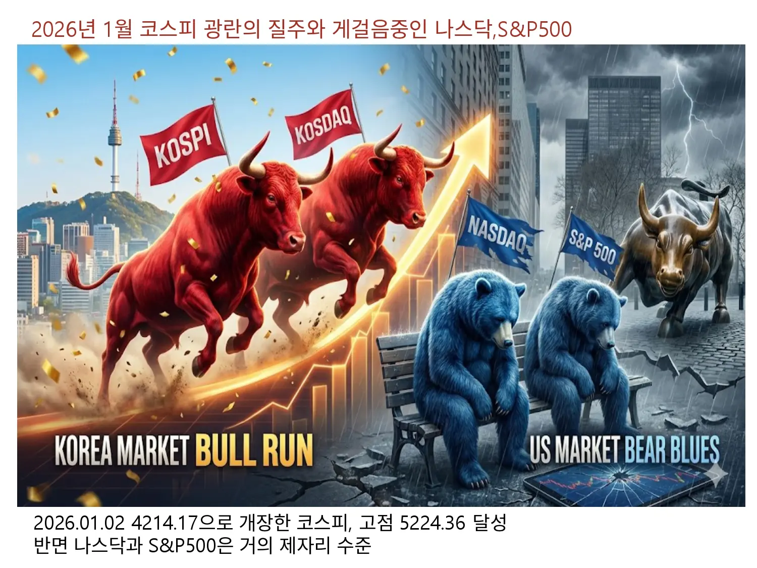 2026.01.02 개장 후 광란의 질주를 하던 한국증시, 그에 반해 미국 증시는 제자리걸음