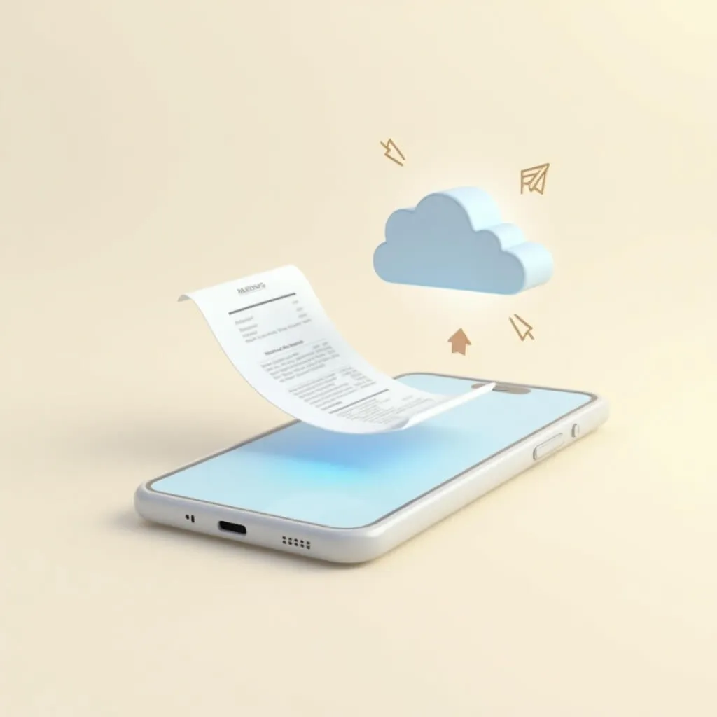 스마트폰으로 영수증을 촬영하고 클라우드에 업로드하는 과정을 보여주는 3D 일러스트. 중앙의 스마트폰 위로 클라우드 아이콘과 업로드 화살표가 떠있으며 간이영수증 디지털 관리 루틴을 시각화한 밝은 크림색 배경의 현대적인 이미지 