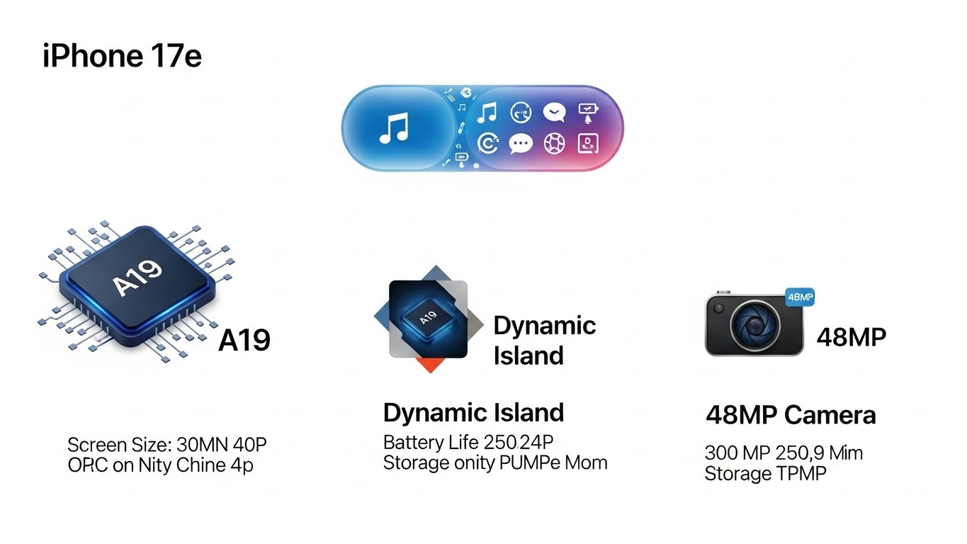 아이폰17e의 핵심 예상 스펙이 세련된 인포그래픽 형태로 정리된 이미지