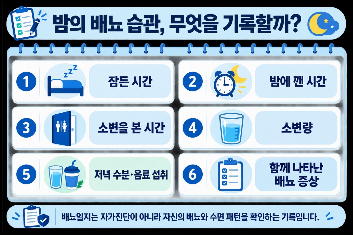 야간뇨를 살펴볼 때 잠든 시간 배뇨 시간 소변량 저녁 수분 섭취 등을 기록하는 체크리스트