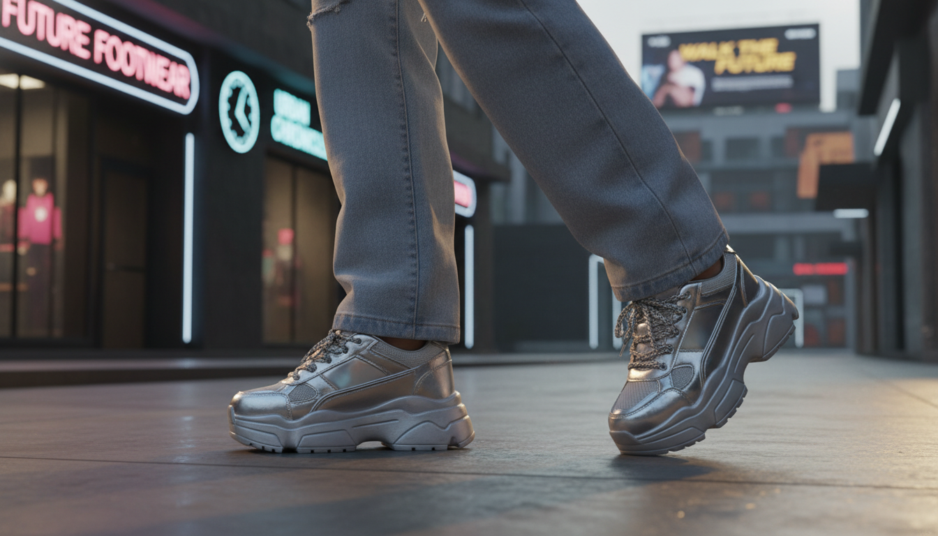 와이드 데님 팬츠와 매치한 메탈릭 실버 나이키 V2K 런 운동화 스트릿 패션 착샷