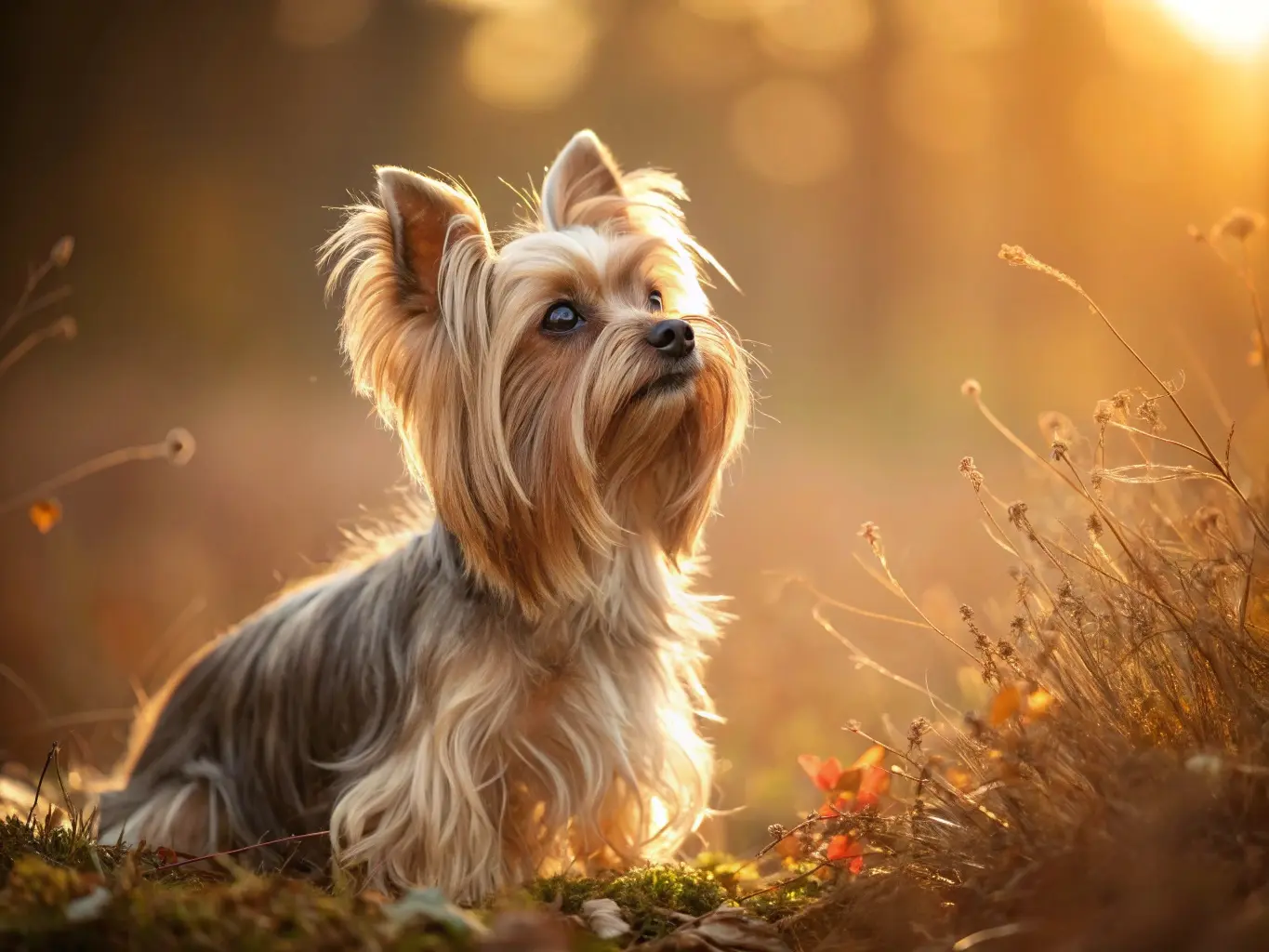 황금빛 햇살 속의 우아한 요크셔 테리어, 풍성한 털을 가진 아름다운 강아지