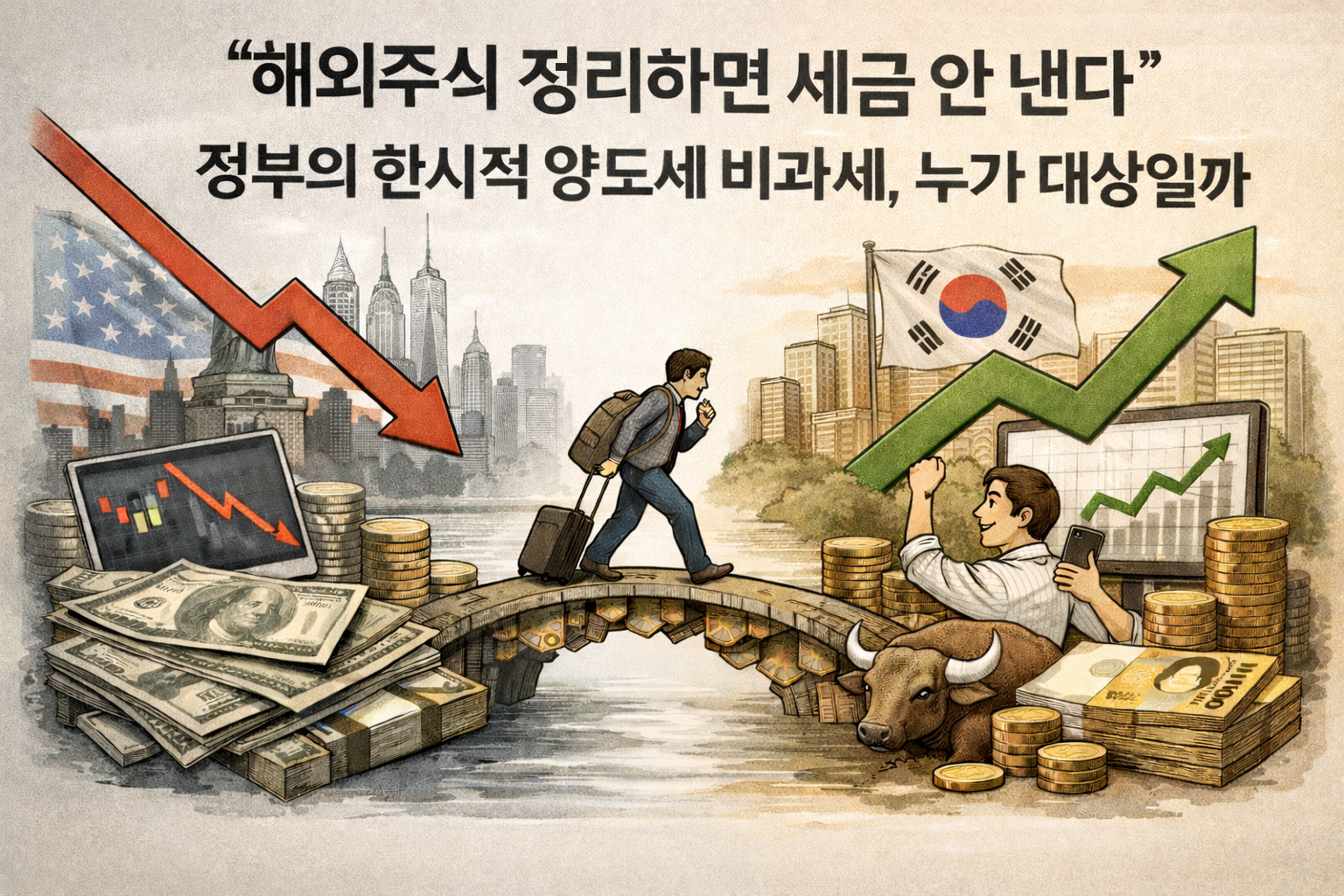 해외 주식에서 국내 증시로 자금이 이동하는 흐름을 상징적으로 표현한 에디토리얼 스타일 일러스트, 서학개미 양도세 감면 정책을 주제로 한 뉴스 썸네일 이미지