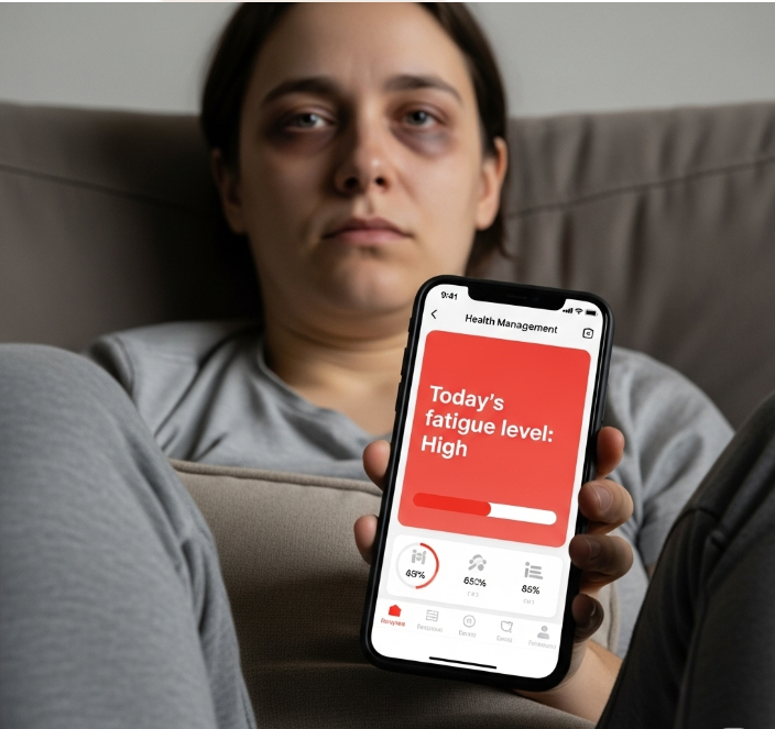 거실 소파에 앉아 피곤한 표정으로 멍하니 앉아 있는 사람의 모습. 손에 들고 있는 건강 관리 앱에는 '오늘의 피로도: 높음'이라는 문구가 떠있다.