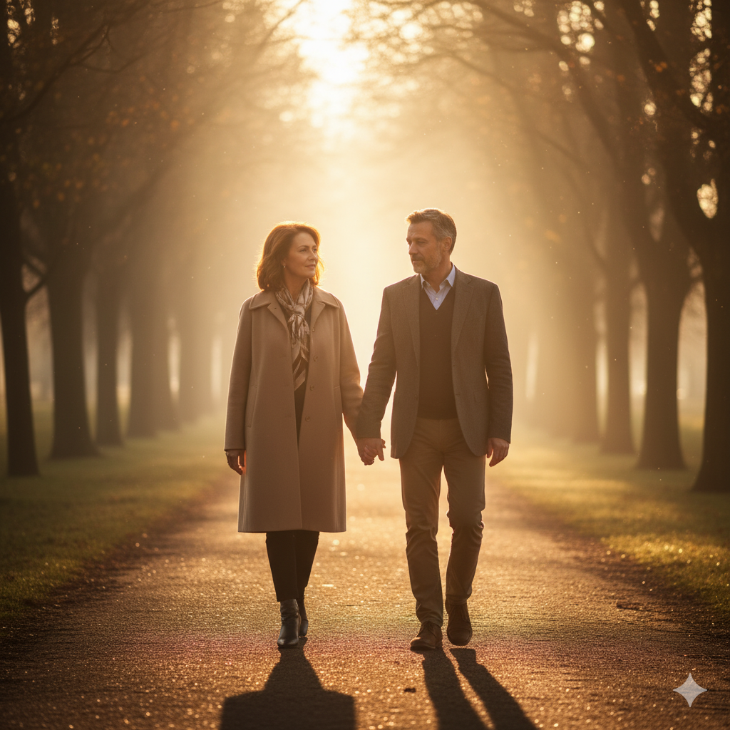 아침 햇살 속 손을 잡고 걷는 지적인 여성과 남성