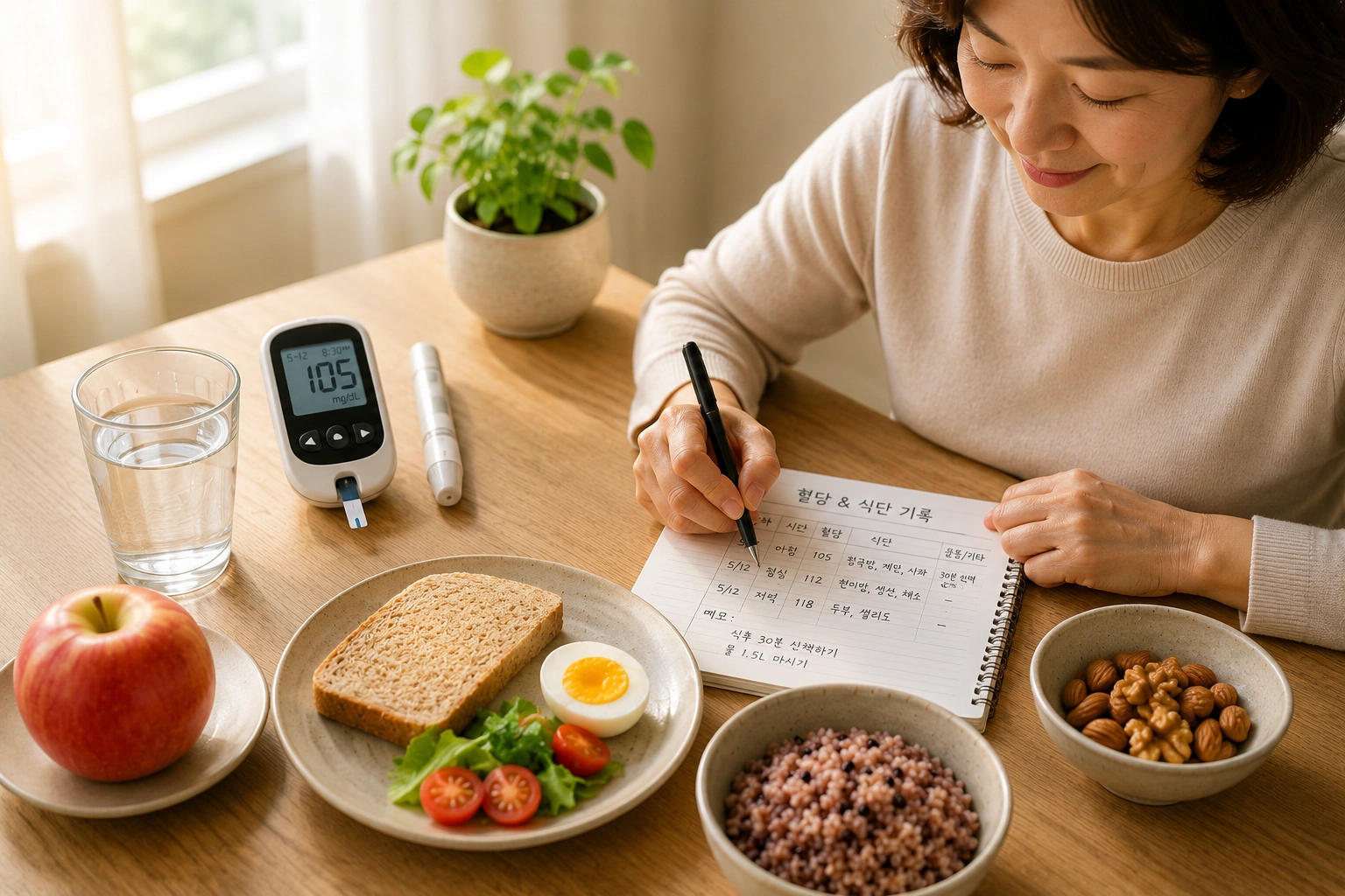 중년 여성이 혈당 측정기와 식단 기록 노트를 활용해 아침 식사와 함께 혈당을 관리하는 모습
