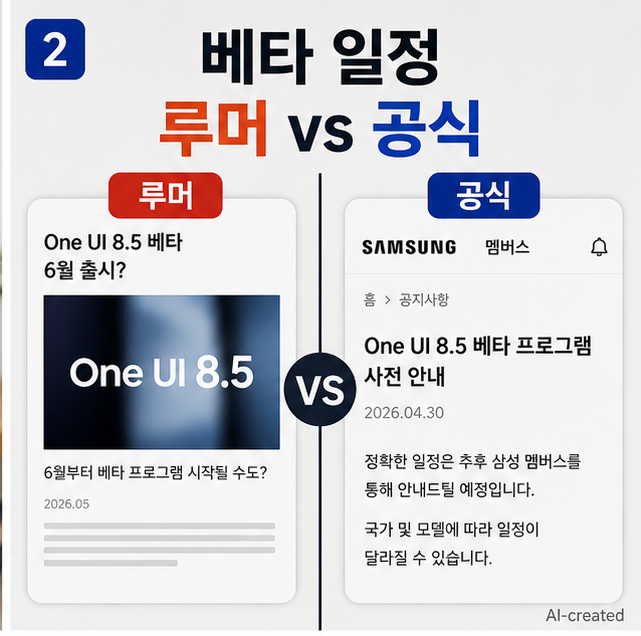 One UI 8.5 루머 일정과 실제 베타 공개 가능성을 비교하는 이미지