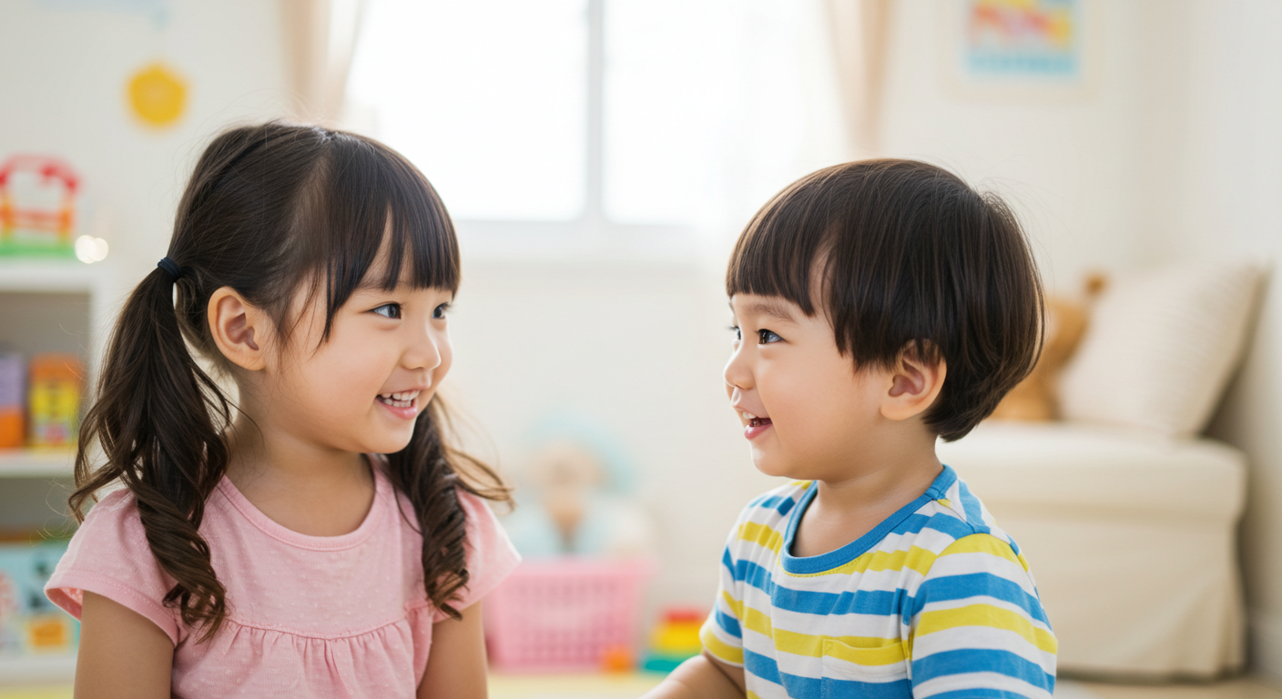 서로를 보며 웃고 있는 남매