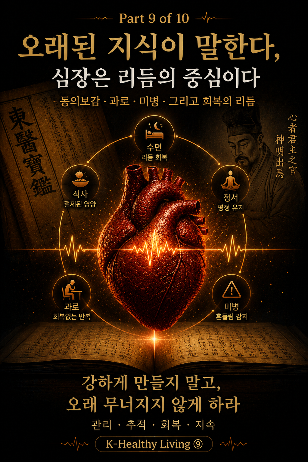 Anatomical heart surrounded by traditional Korean medicine symbols and rhythm-based health concepts from Donguibogam, emphasizing balance, recovery, overwork, emotional regulation, and long-term heart rhythm management.