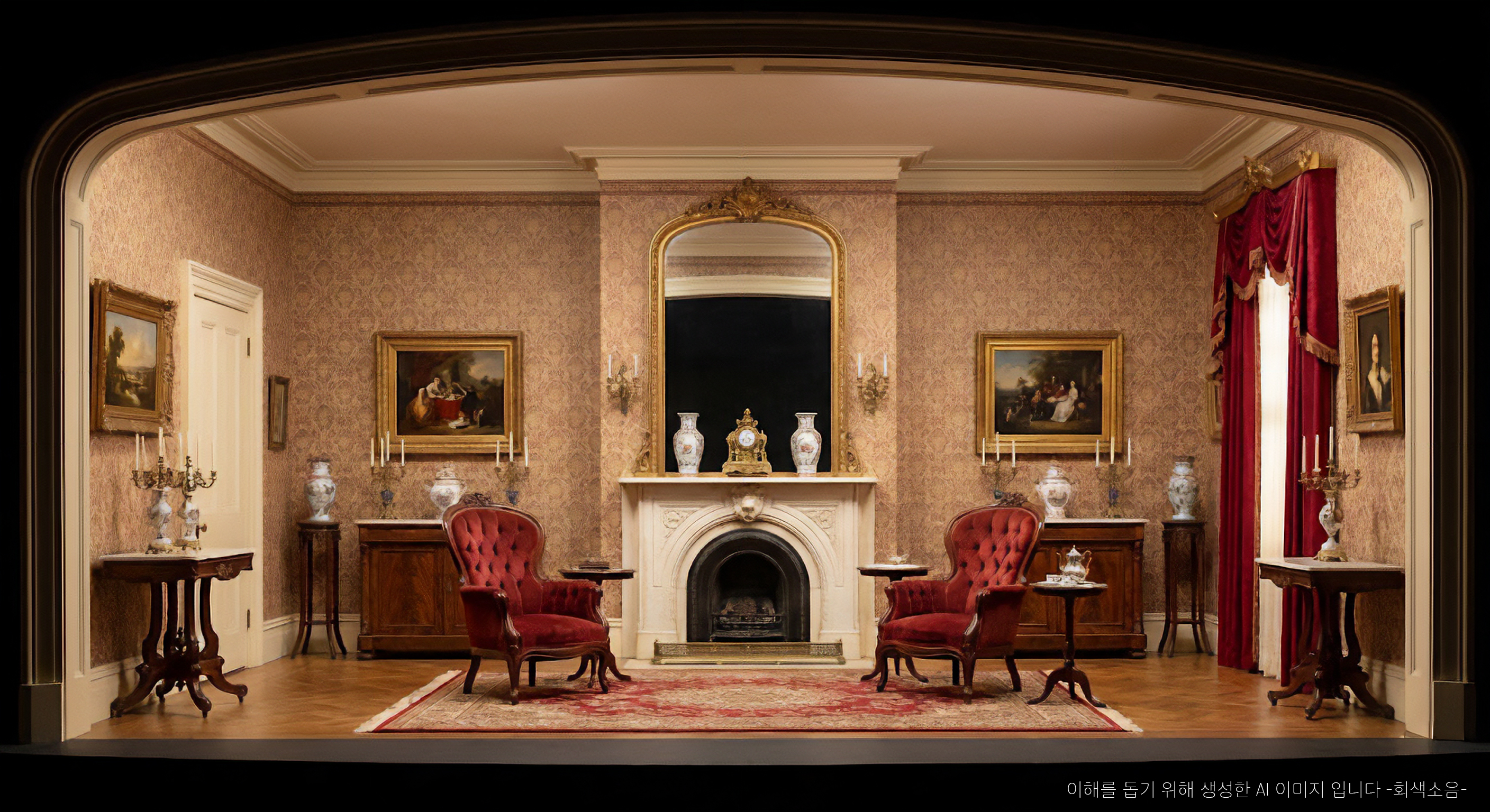 인형의 집 세트장 전경, 그림자 없는 하이키 조명 아래 완벽하게 대칭된 가구 배치, 인공적인 거실 분위기