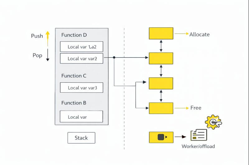 함수 호출 흐름과 동적 데이터를 저장하는 방식 대비