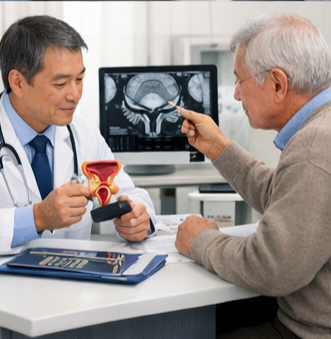 전립선에 대해 설명 듣는 시니어
