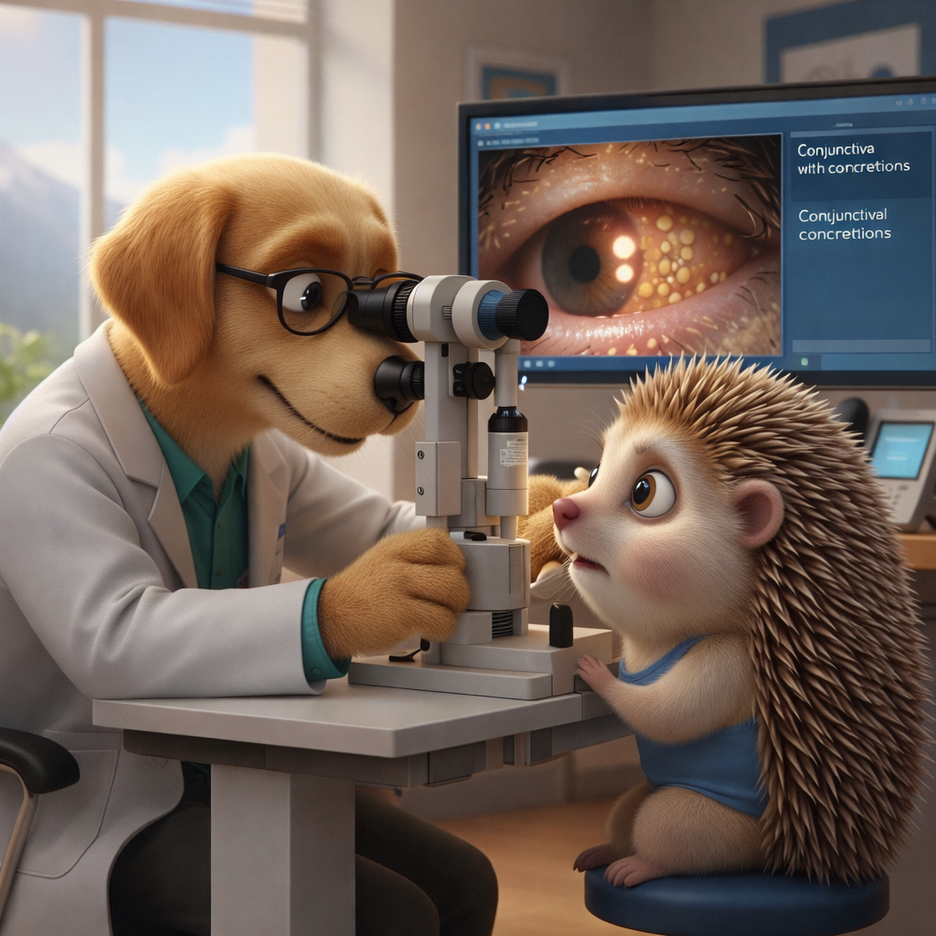 극세동 현미경을 가지고 도치씨의 눈에 있는 결막결석을 살펴보고 있는 강아지 의사선생님 모습