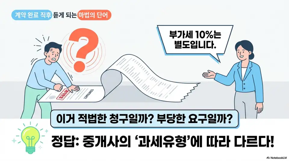 복비 부가세: 계약 완료 직후 중개사가 '부가세 10%는 별도입니다'라고 말하는 장면으로, 이것이 적법한 청구인지 부당한 요구인지는 중개사의 과세유형에 따라 다르다는 핵심 정보를 전달하는 인포그래픽 이미지. 이 이미지는 복비 부가세 별도 청구의 적법성 판단 기준과 관련된 내용을 설명함