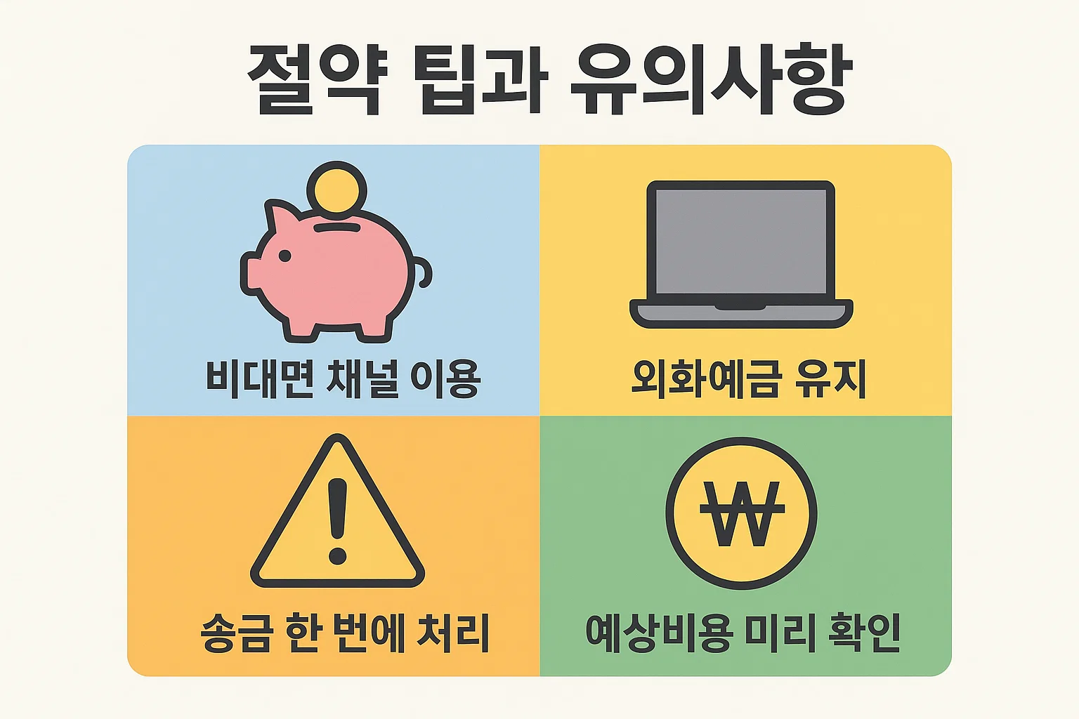 비대면 채널 이용, 외화예금 유지, 송금 한 번에 처리, 예상비용 미리 확인 등 기업이 외환송금 수수료를 절감할 수 있는 핵심 전략을 담은 인포그래픽입니다.