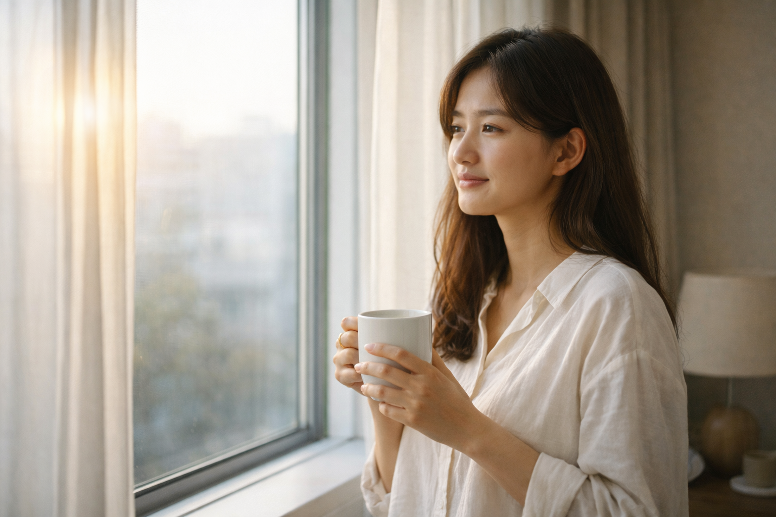 아침 햇살이 들어오는 창가에서 머그컵을 들고 차분한 표정으로 하루를 준비하는 30대 여성의 모습
