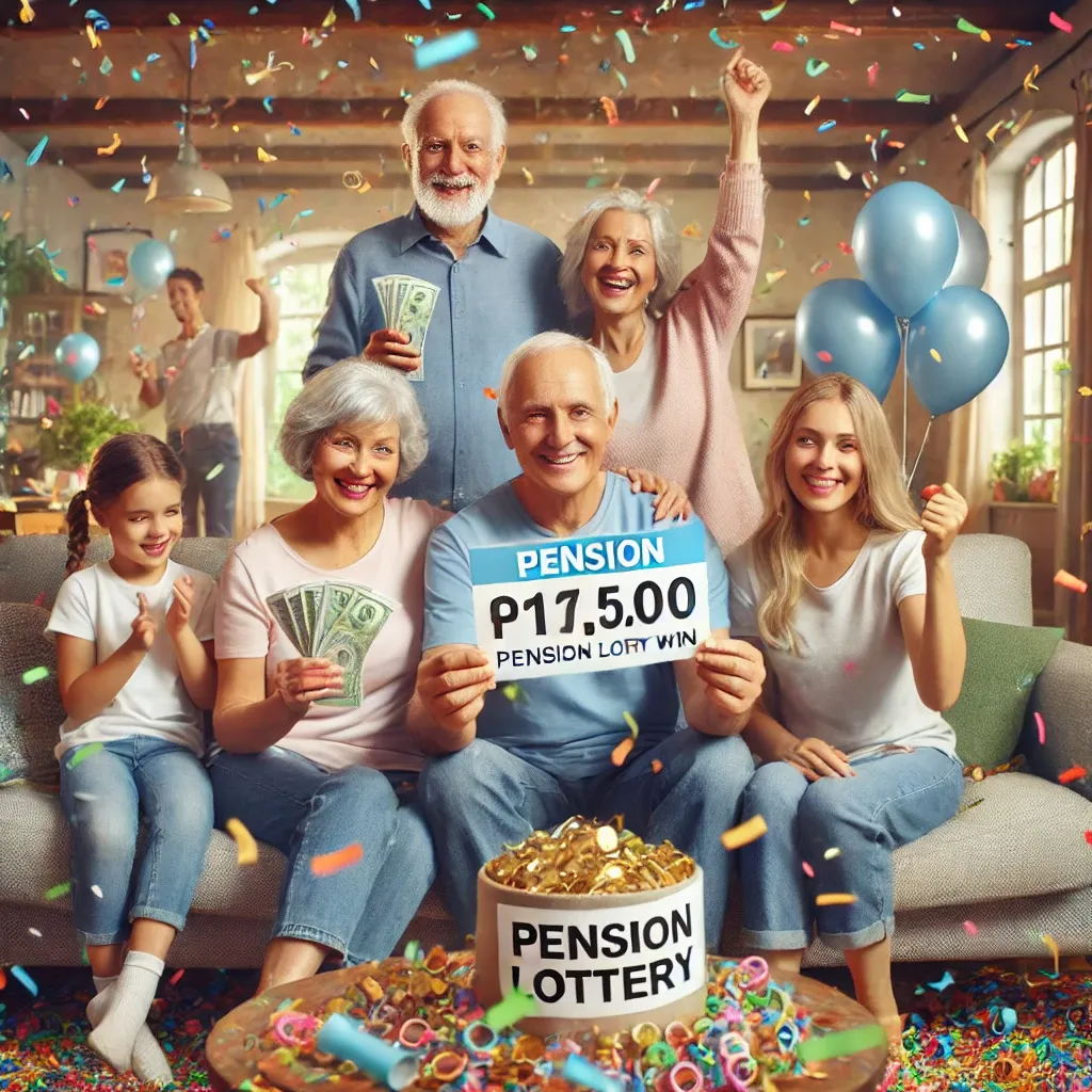 거실에서 가족들이 연금복권 당첨을 축하하며 티켓을 들고 환호하는 모습.