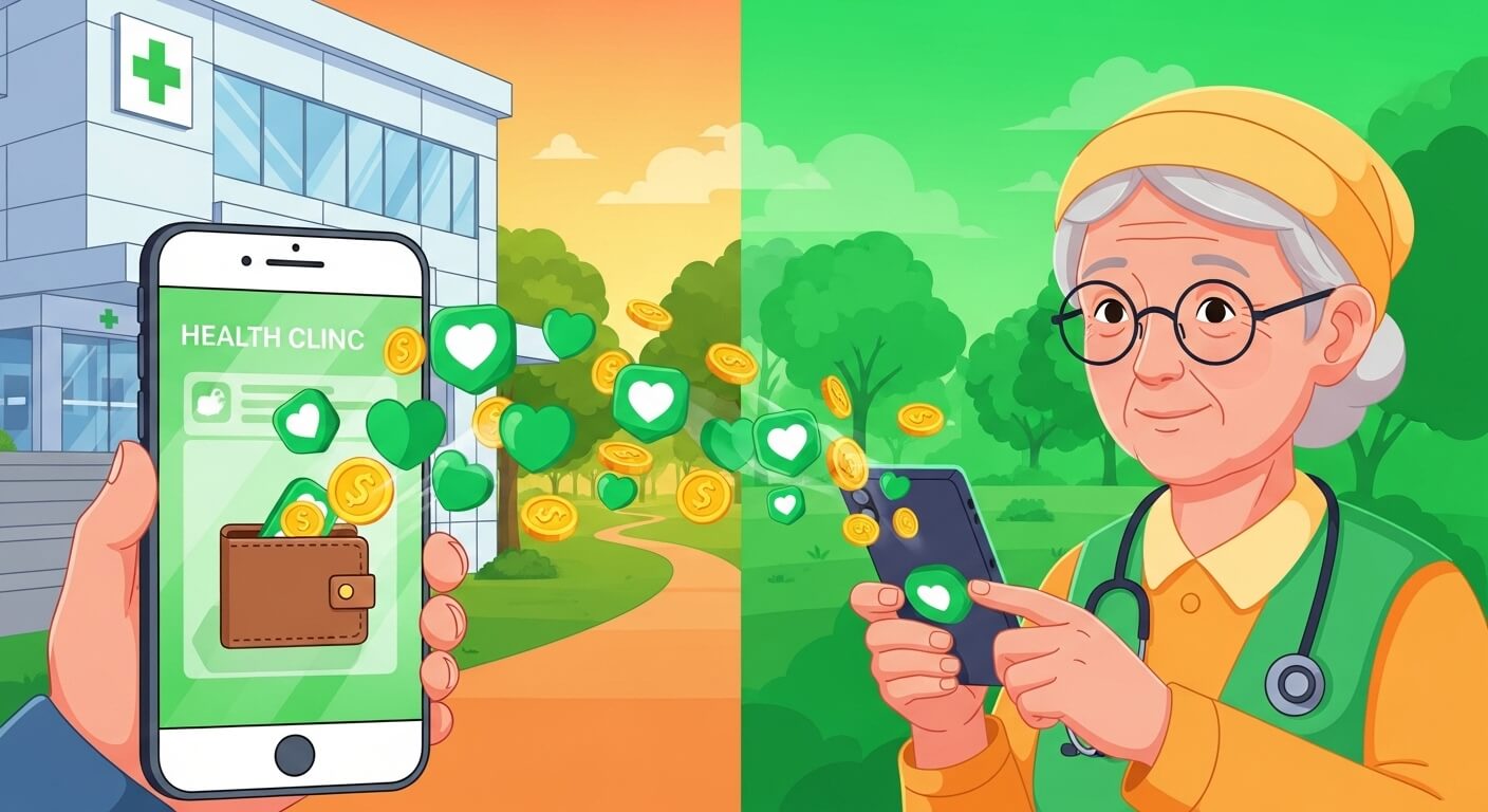 휴대폰 을 하는 시니어와 휴대폰에 health clinc 가 써여있다