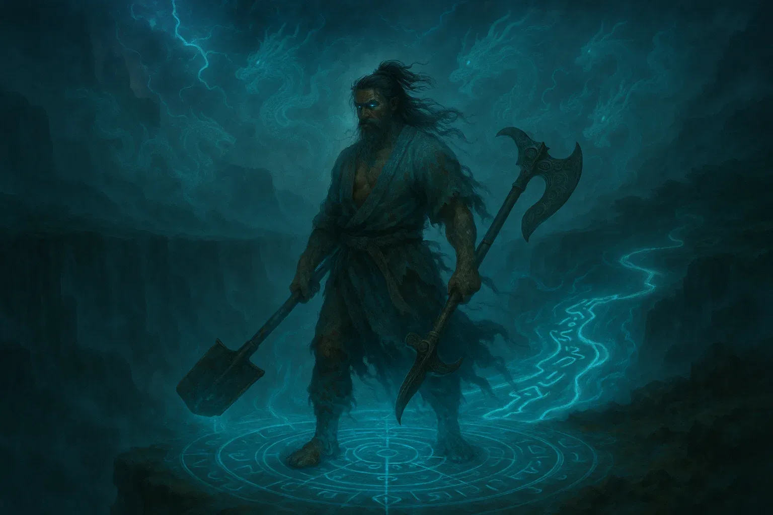 우임금이 삽과 곡괭이를 들고 현장에서 직접 치수 작업을 지휘하는 모습을 형상화한 대표 이미지