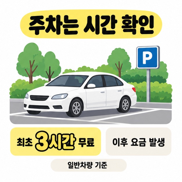 주차된 일반 승용차와 주차 표지 아래 최초 3시간 무료 및 이후 요금 발생을 대비한 주차 안내