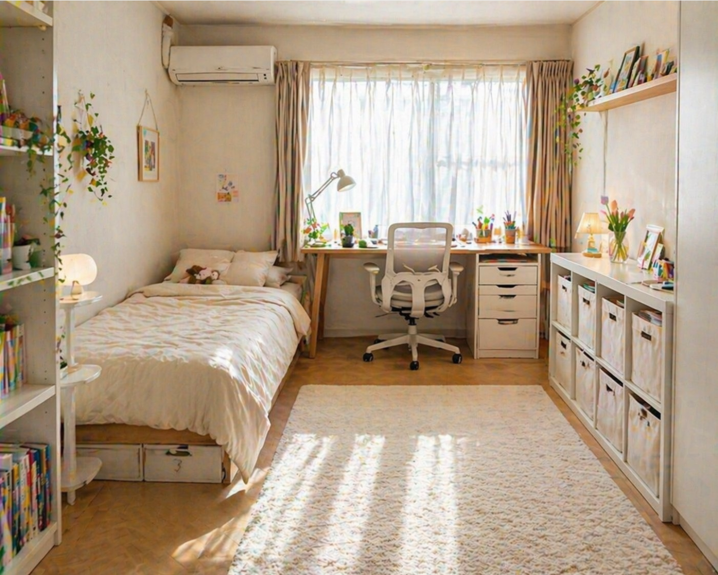 원룸에서 침대 위치를 바꿔 더 밝고 넓어 보이게 만든 자취방 모습