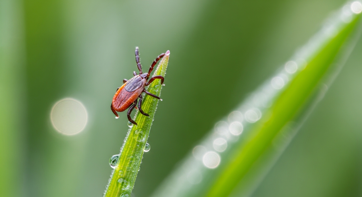 풀잎 끝에서 사람이나 동물을 기다리는 참진드기의 근접 촬영 모습