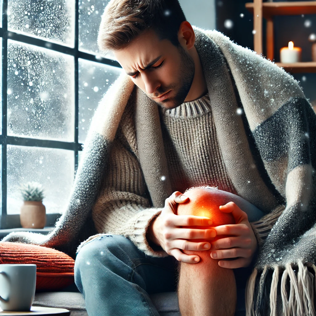 추운 계절 관절 통증으로 고통을 호소하고 있는 사람의 모습