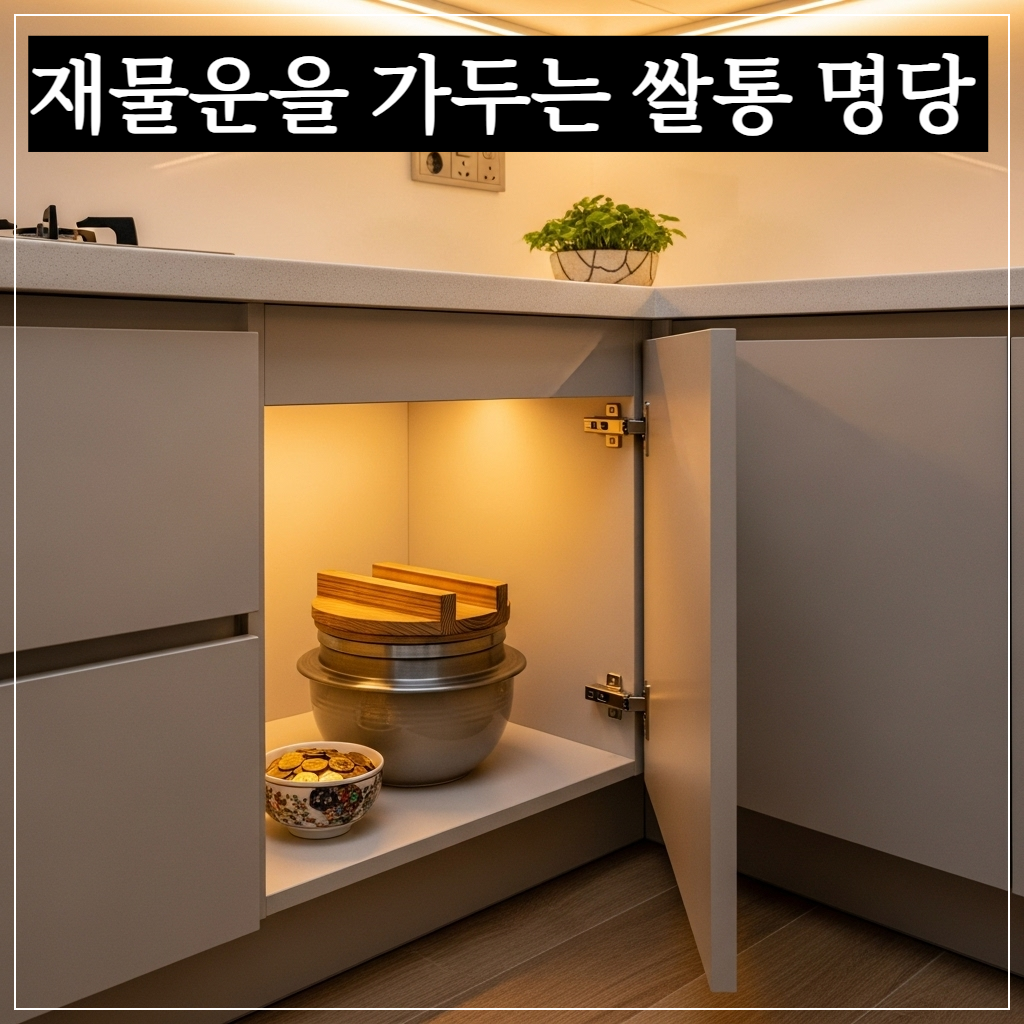 재물운을 높이는 현대적인 주방 쌀통 배치와 옹기 쌀독 인테리어 예시