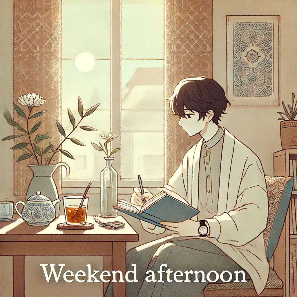 An anime-style scene showing a relaxing weekend afternoon routine